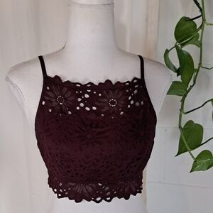 Aerie Burgundy Bra Lace Crop Top Bralette High Neck SzM